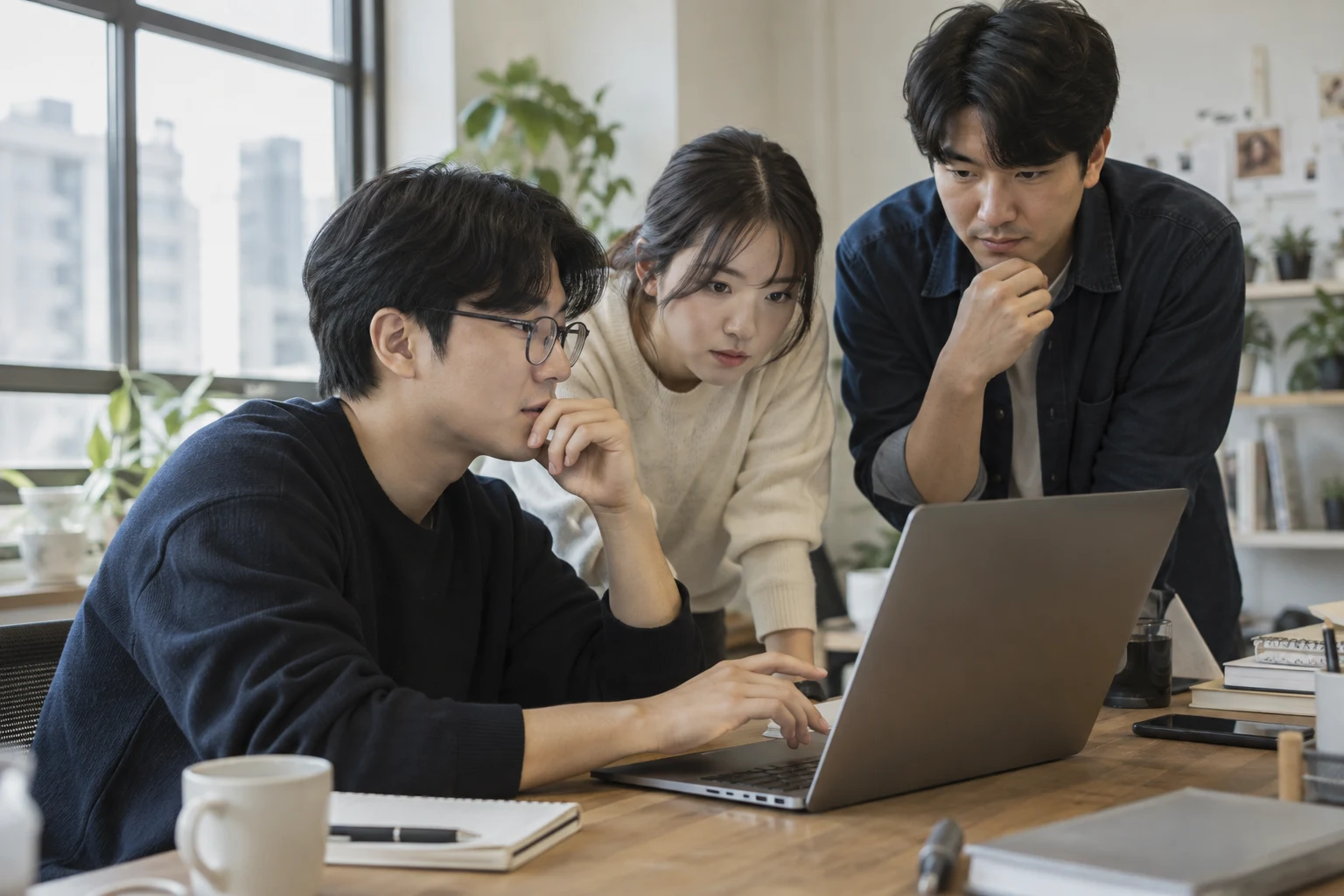 A development team collaborating around a laptop in a bright office
